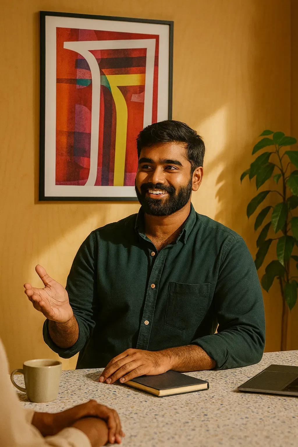 A person talking through a medical bill at their kitchen table