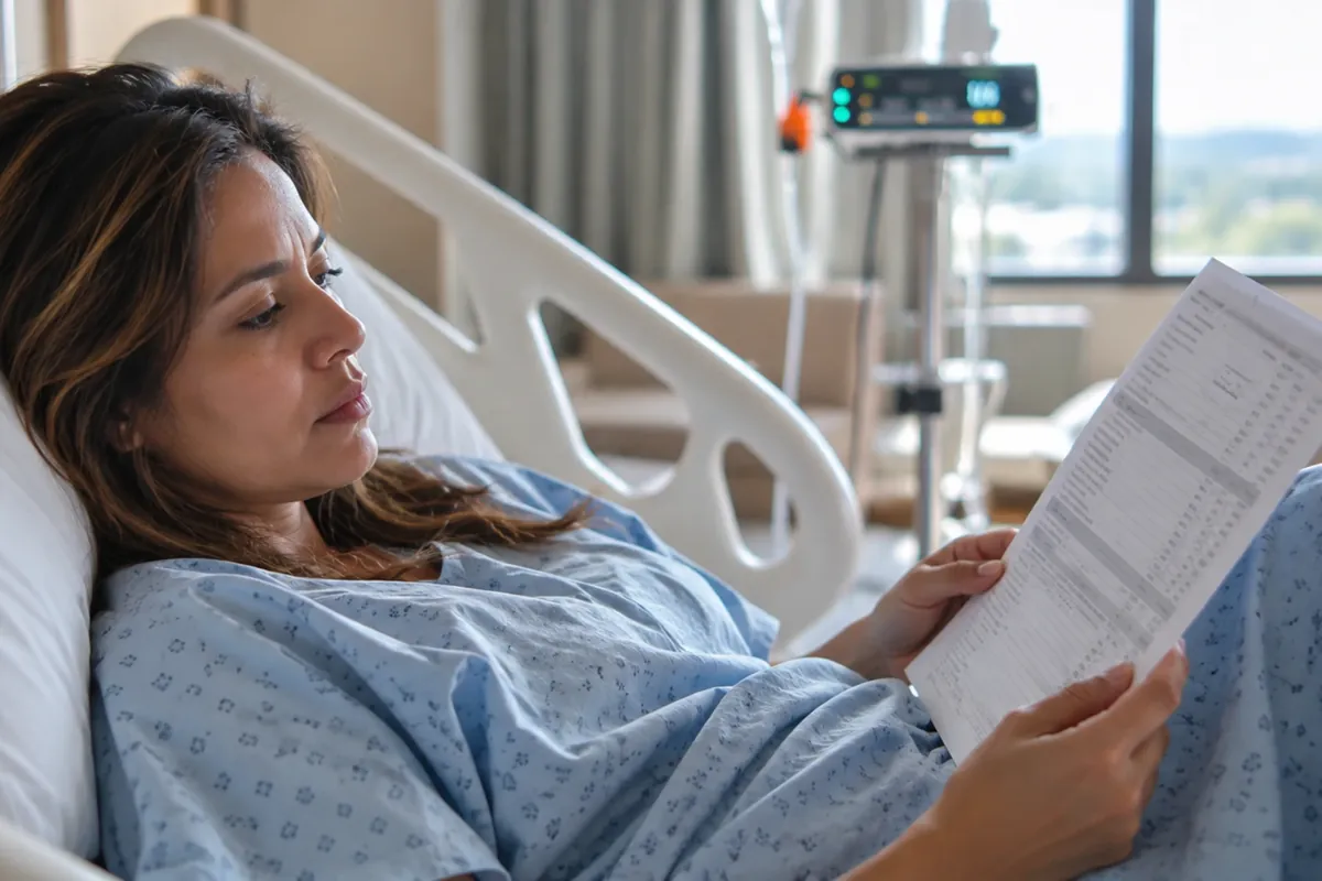 A patient in a hospital bed reading an itemized hospital bill