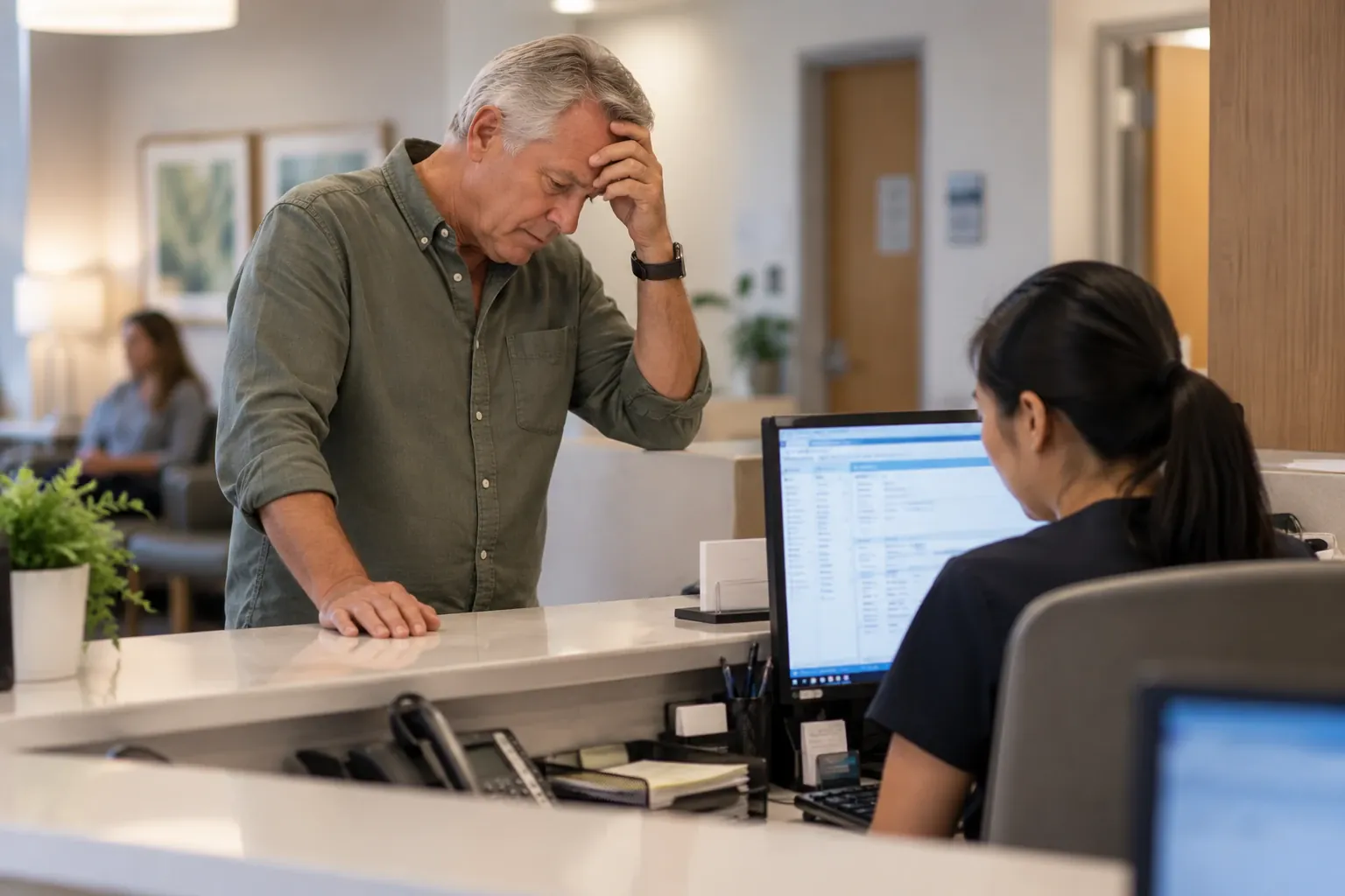 A man at a clinic front desk, hand to his forehead, while the receptionist checks his bill